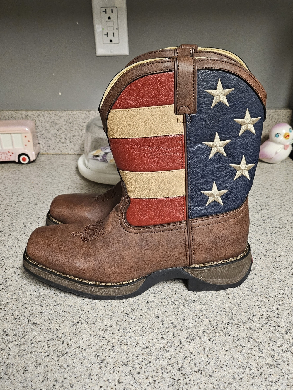 Durango Kids' Brown Cowboy Boots with Red, Cream & Blue Flag Panel